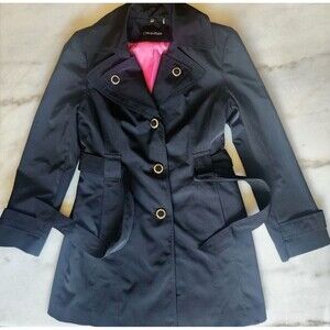 Calvin Klein Womens Double Breasted Trench Coat Size SM Solid Black Pink Lining